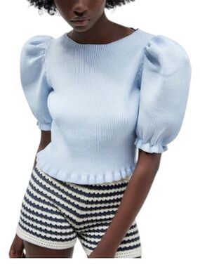 Zara Baby Blue Open Back Puff Sleeve Thick Knit Top Medium NWT